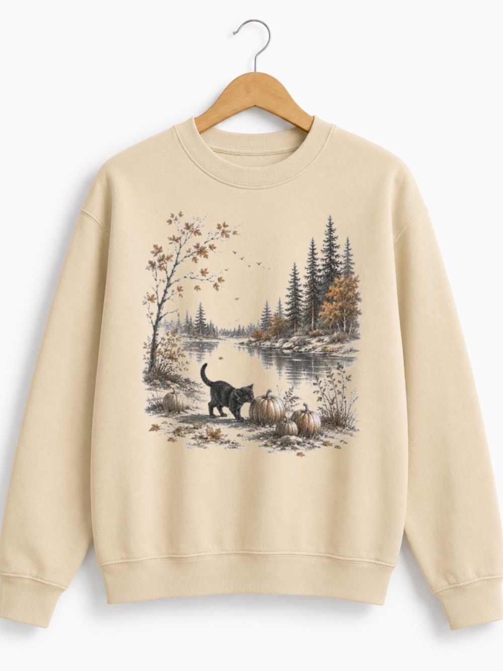 Sand Sweatshirt with Autumn Lake & Black Cat Graphic